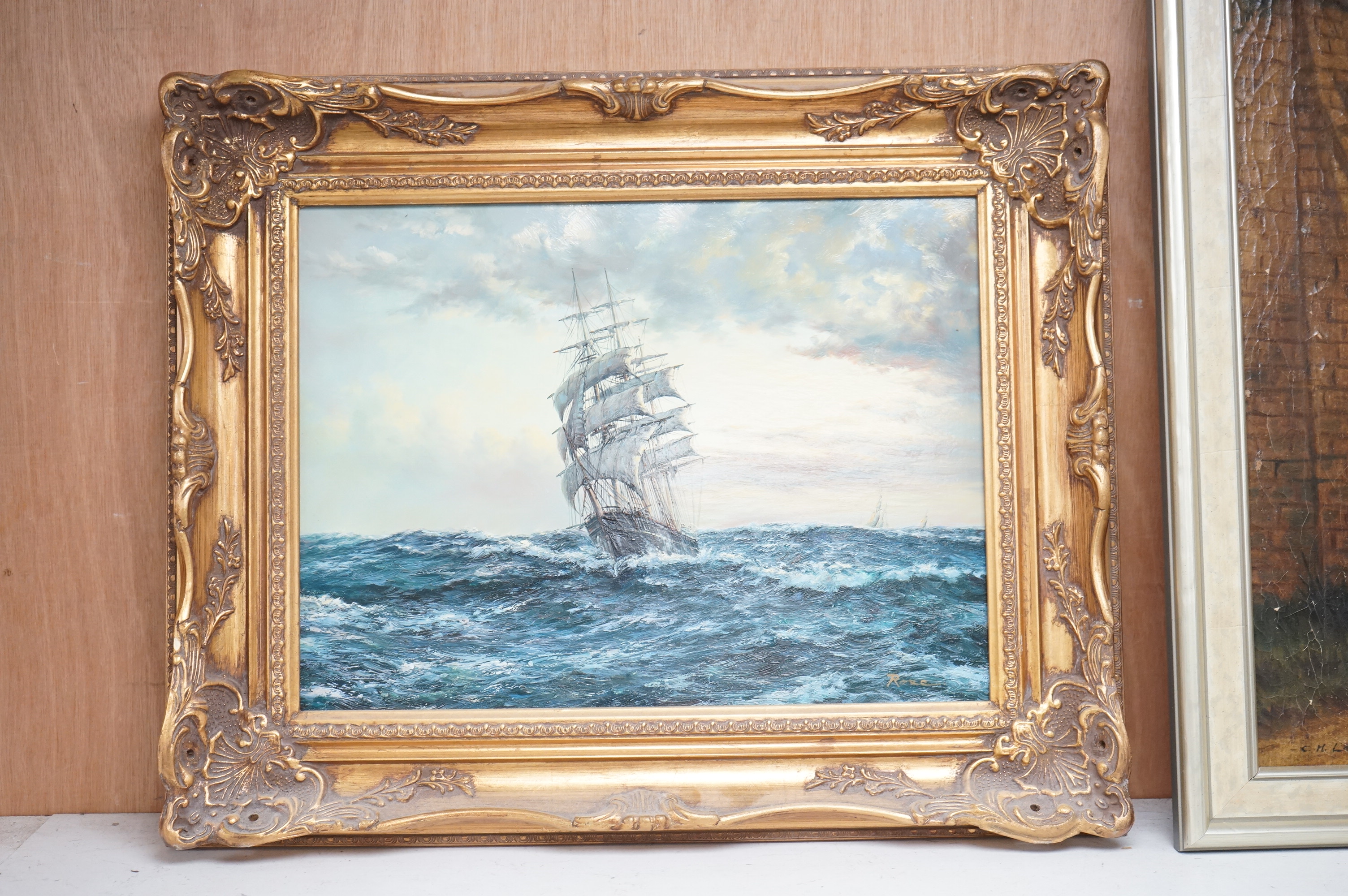 Rose, pair of decorative oils on board, Sailing ships in rough seas, each signed, 29 x 39cm, ornate gilt frame